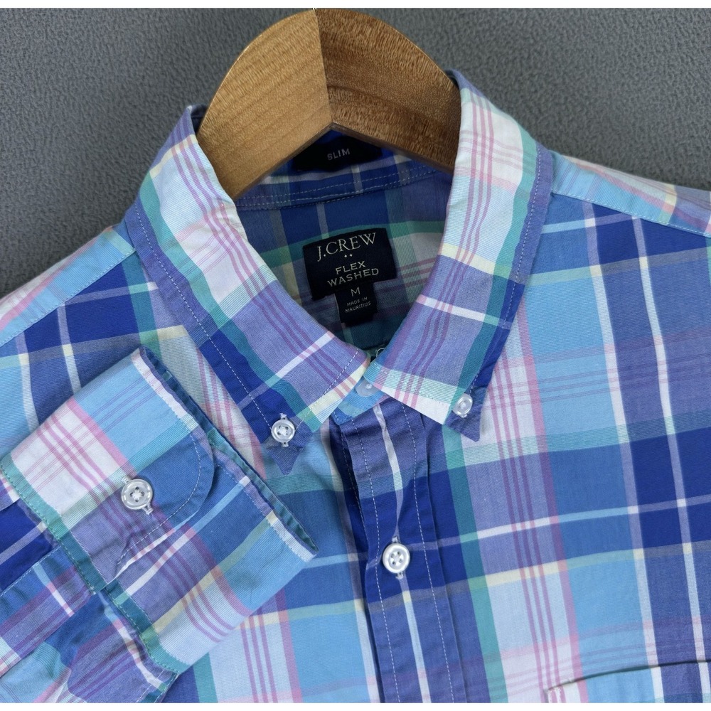 J Crew Shirt Medium Blue Pink Madras Slim Flex Washed Colorful Prep Lightweight
